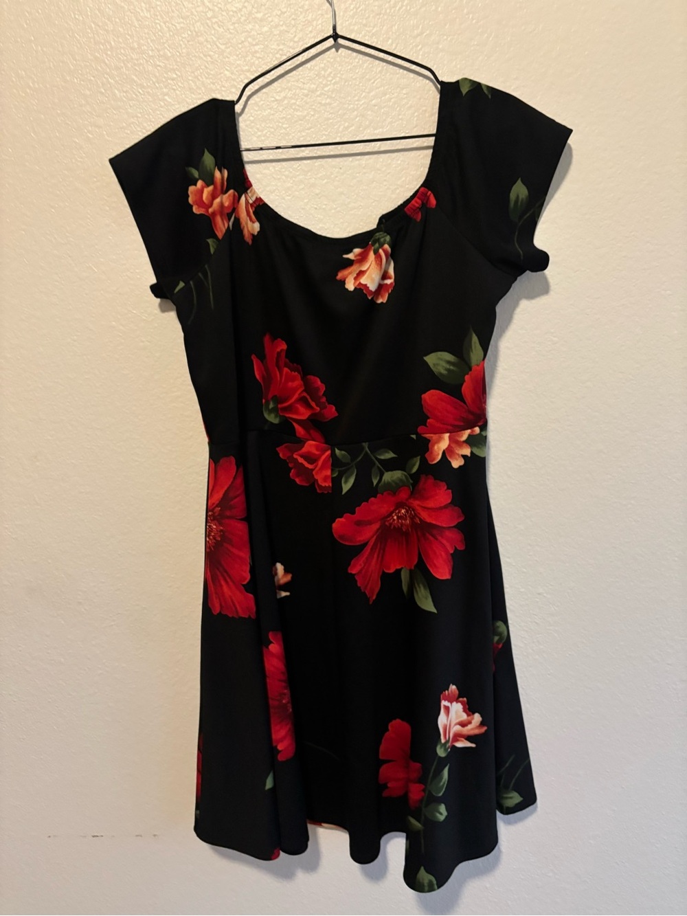 Black Floral Scoop-Neck Fit & Flare Dress with Red Blooms
